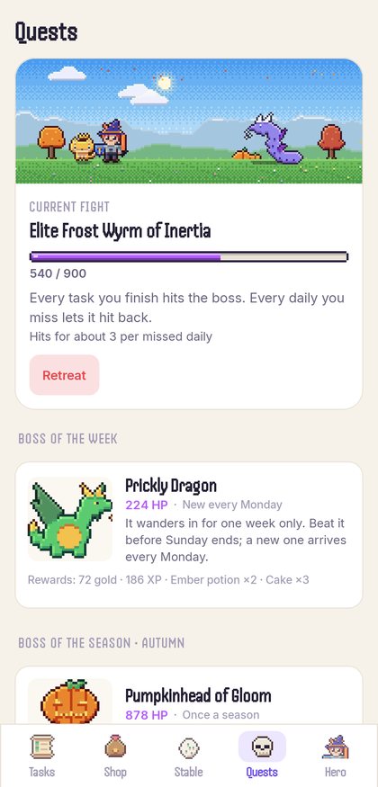 Quests. An elite rematch and the boss of the week.